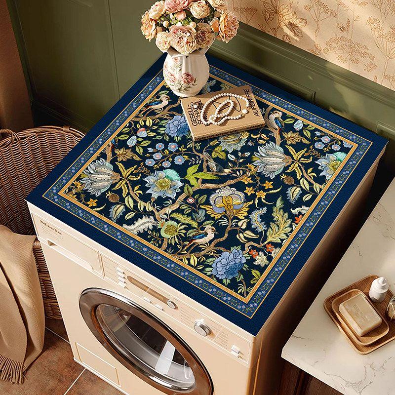 Vintage Dark Blue Bird Floral Washing Machine Cover Mat Jungle Print Waterproof Anti Dust Laundry Dryer Surface Pad Rug
