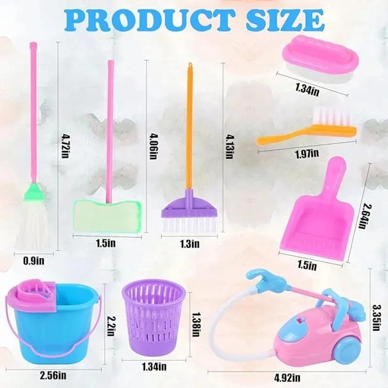 9-delige Mini Schoonmaakspeelgoed Set - Poppenhuis Bezem, Dweil & Emmer Accessoires voor Kinderen, Poppenmeubels Huishoudelijke Speel