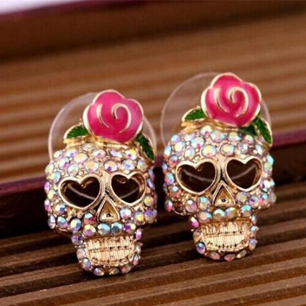 Retro Rhinestone Wearing Rose Flower Skull Head Stud Earrings For Women Men Halloween Hollow Heart Eye Skeleton Earrings Jewelry