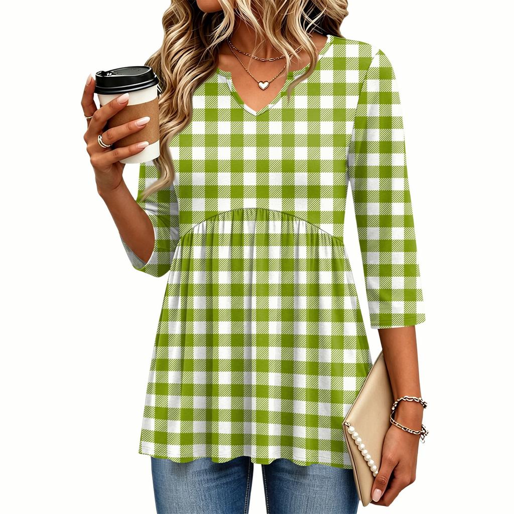 Women's Casual Floral Print V-Neck Three-Quarter Sleeve Blouse for Spring and Summer