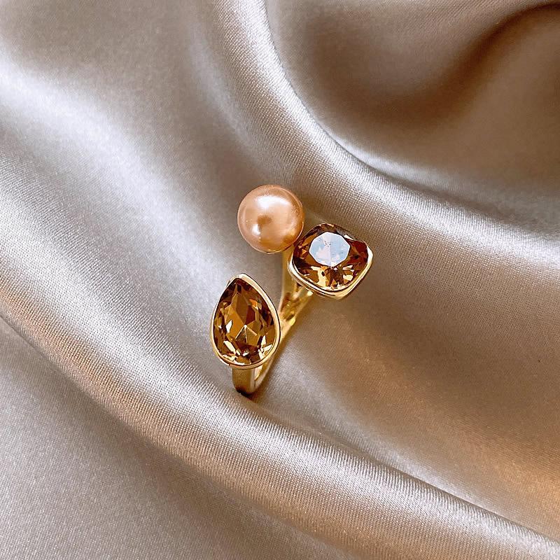 Vintage Luxury Geometry Crystal Champagne Pearl Metal Open Rings Jewelry Party Women'S Exquisite Accessories