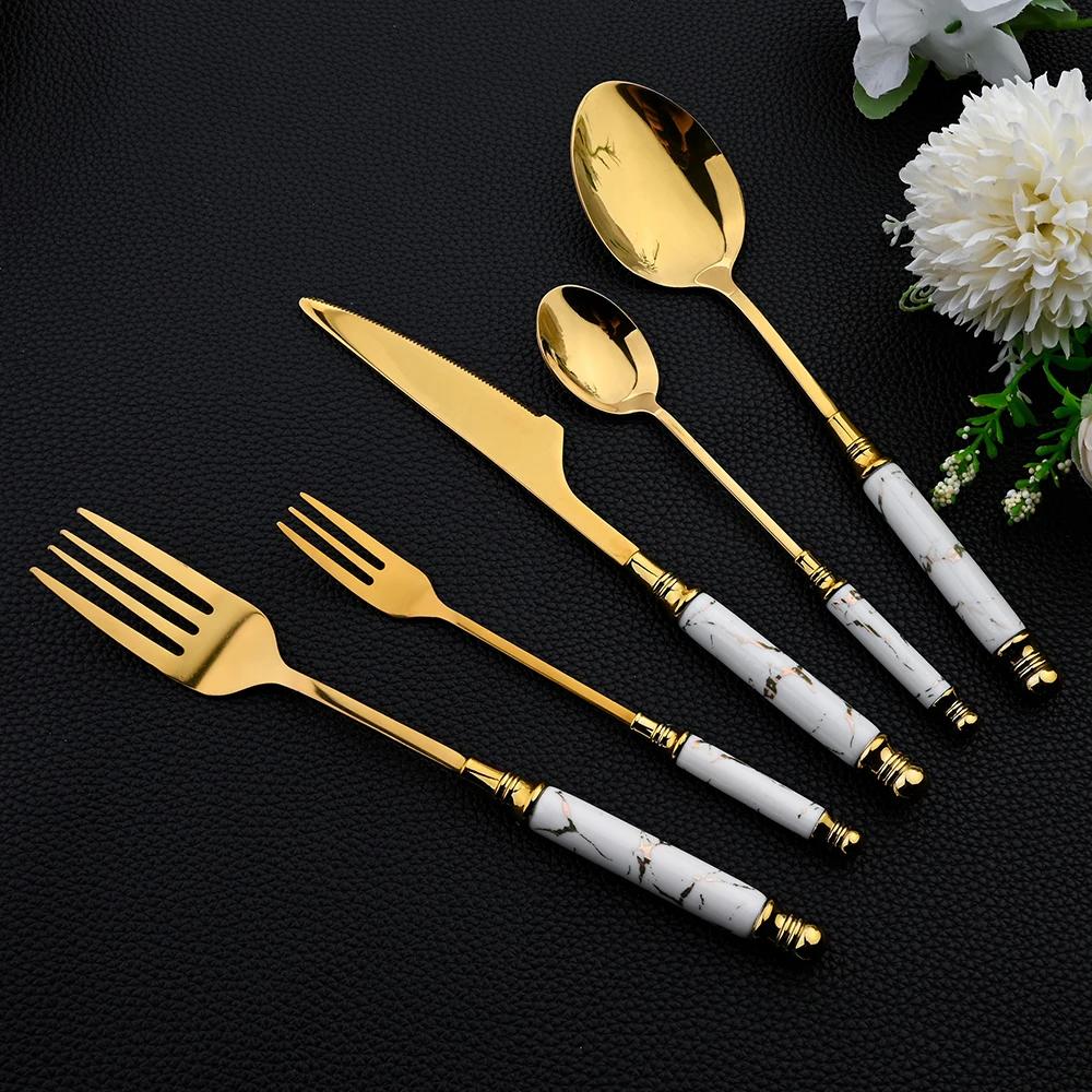 30Pcs Tableware Set Mirror Ceramic HandleGold Flatware Fork Spoon Knife Set Stainless Steel Dinnerware Cutlery Set Dinner Set