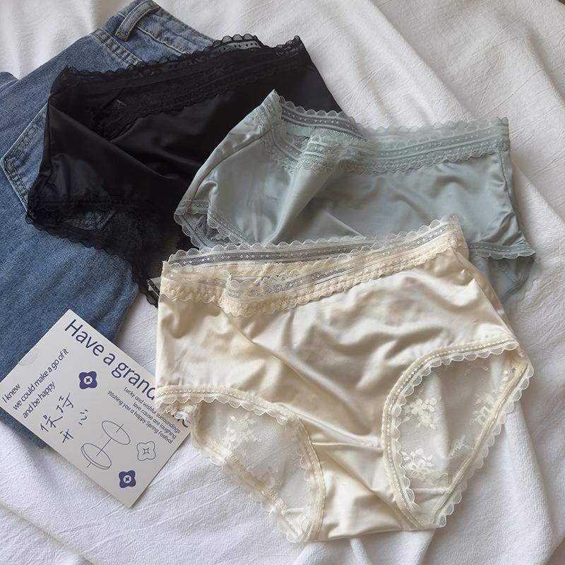 Lingerie Satin Lace Sexy Briefs Women's Underwear with Hip Wrapped Bow High-end Feeling Light Luxury Semi Transparent Triangle Panties