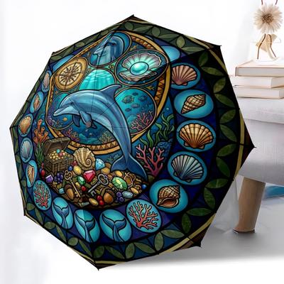 Ocean Treasure Glass Pattern Umbrella, Portable and Foldable Design, 8 Ribs, a Casual Accessory for Halloween, Christmas, and Birthday Gifts.