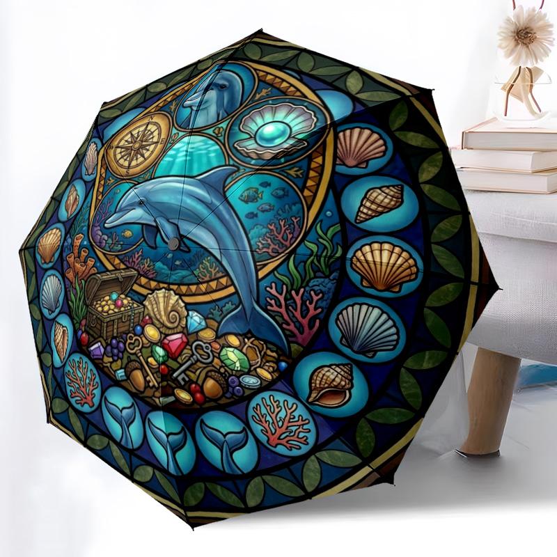 Ocean Treasure Glass Pattern Umbrella, Portable and Foldable Design, 8 Ribs, a Casual Accessory for Halloween, Christmas, and Birthday Gifts.