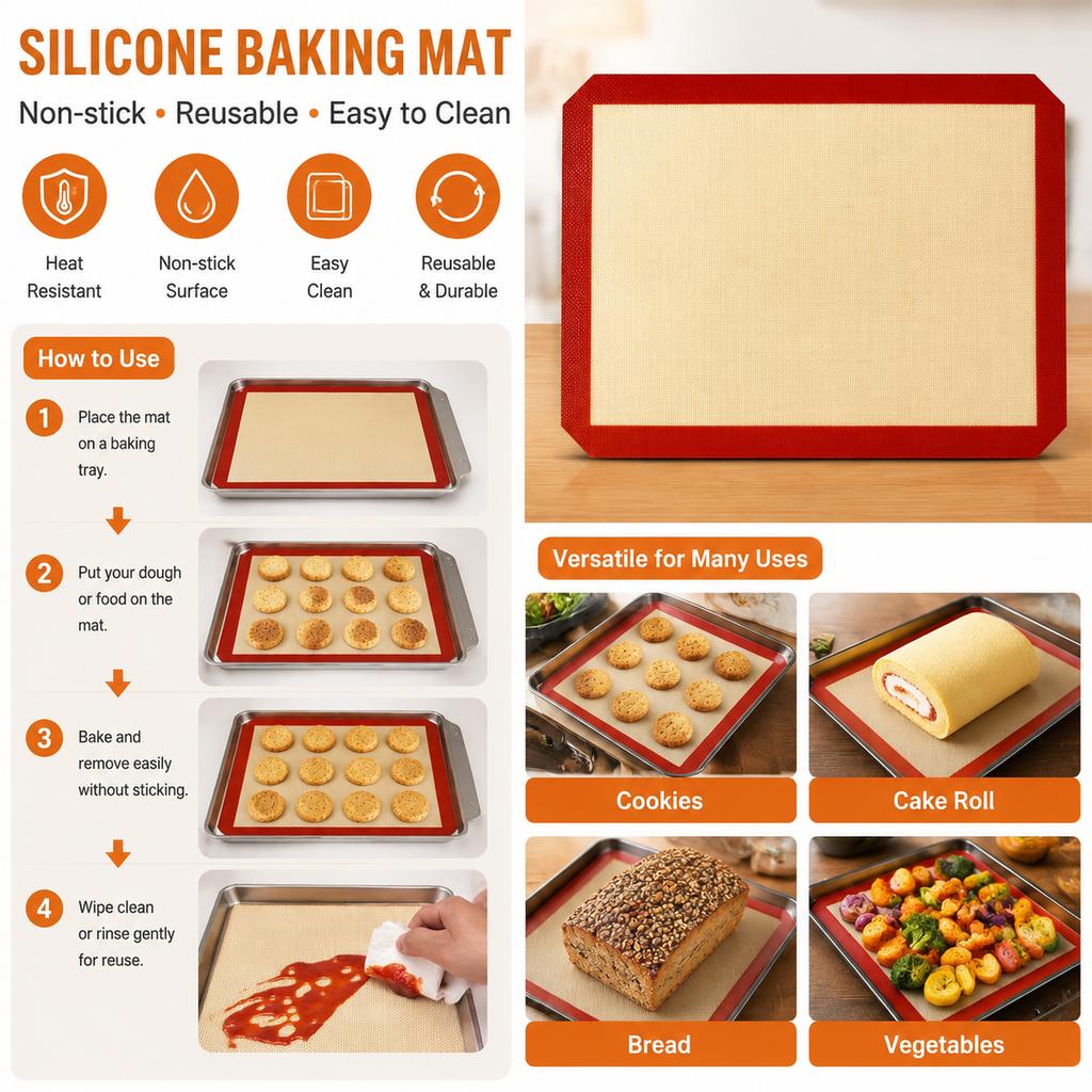 Baking Mat 40x60cm Non-Stick Silicone Sheet with Red Border for Oven Trays, Cookies, Bread, Cake Rolls and Vegetables