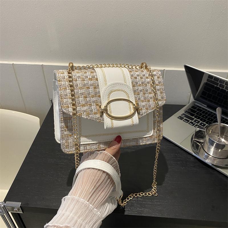 Checkered Metal Chain Single Shoulder Bag Women's Lock Buckle Crossbody Commuting Small Square Women
