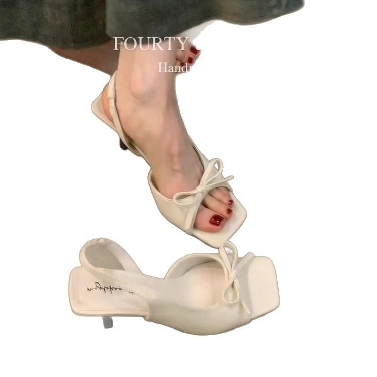Weiche Lederversion~ Neue High Heels mit Schleife am Rücken für Damen-Sommerbekleidung mit Temperament, Sandalen mit offener Zehenpartie und eckiger Spitze