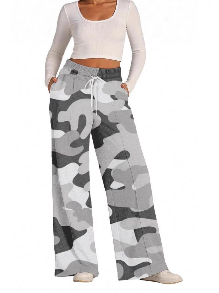 Damen Europäische & Amerikanische Camouflage Weitbeinige, Gerade Sportliche Freizeit-Hose