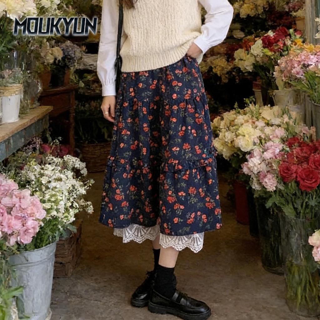 Buy Corduroy Floral Midi Skirt Women Navy Blue Brown Floral Skirts