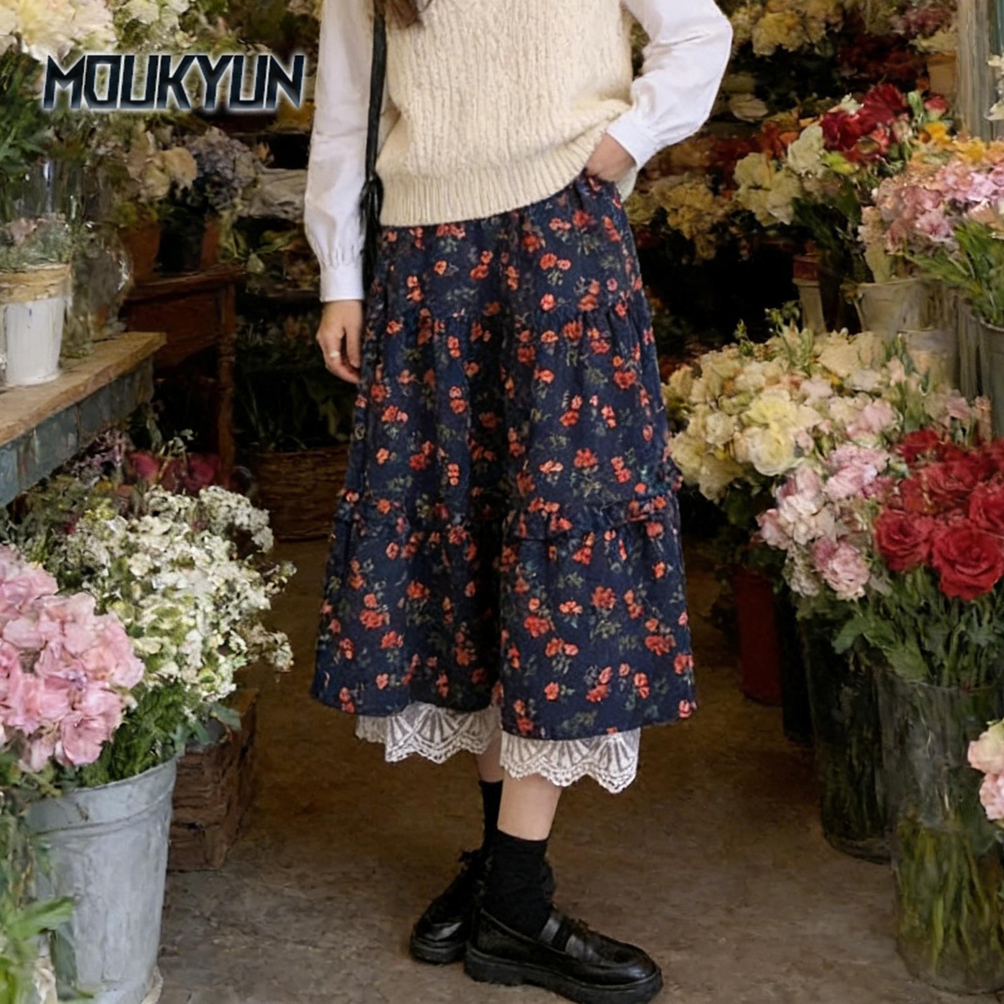 Buy Corduroy Floral Midi Skirt Women Navy Blue Brown Floral Skirts