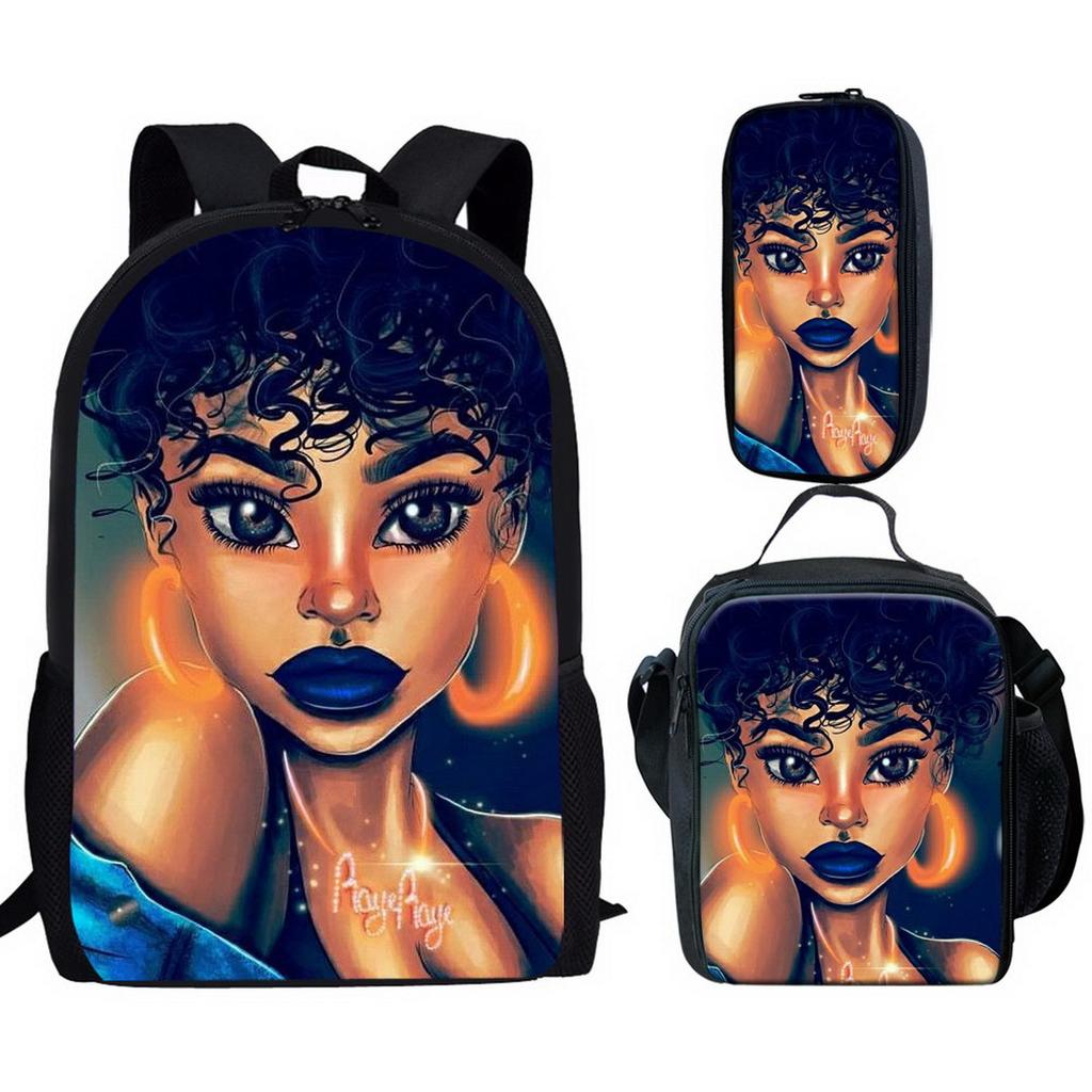 Classic Popular Novelty African Girl 3D Printed 3pcs/Set Pupil School Bags Laptop Daypack Backpack Lunch Bag Pencil Case