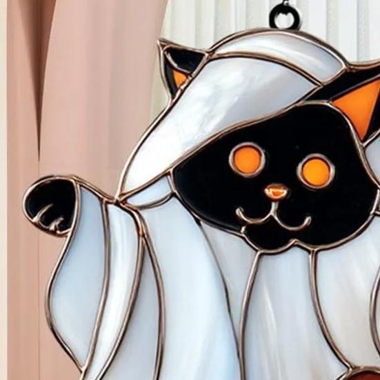Halloween Ghost Suncatcher Colorful Dog/Cat Pattern Window Hanging Ornament with Pumpkin 2D Acrylic Suncatcher for Halloweens Decor