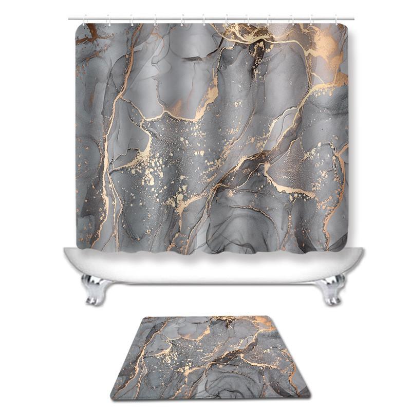 Grey Fashionable Golden Marble Patterned Bathroom Shower Curtain Waterproof