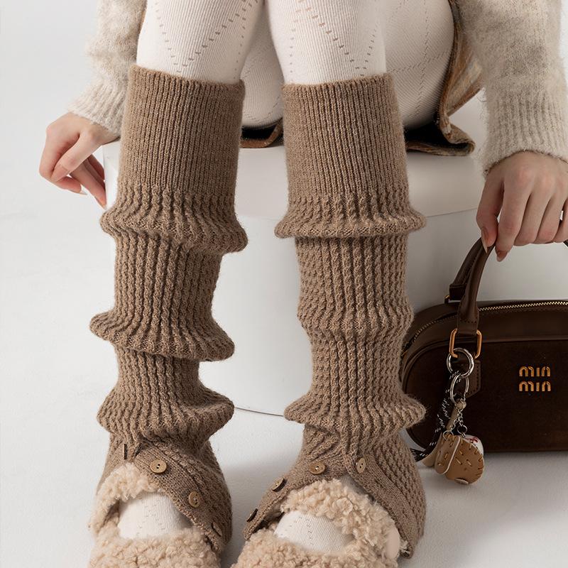 Boots Still Cotton Socks Cover Thickened Warm Calf Socks Button Split Fork Knitted Retro Milk White Wool Leg Cover