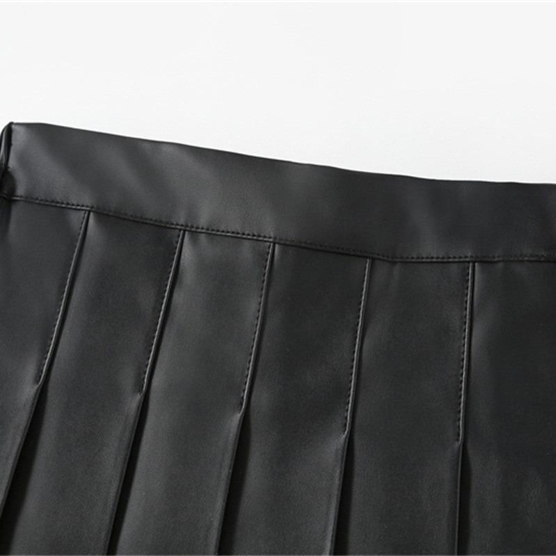 Girl's High-Waist Black PU Pleated A-Line Skirt with Pants for Autumn/Winter