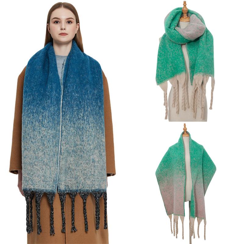 

Пряжа грубая, сохраняет тепло, шарф, круглый зимний утолщенный цветной шарф, градиент с кисточками