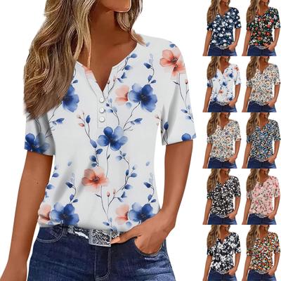 Mujer Camiseta Camiseta Estampado Botón Manga Corta Diario Fin de Semana Moda Básico Escote en V Regular Top