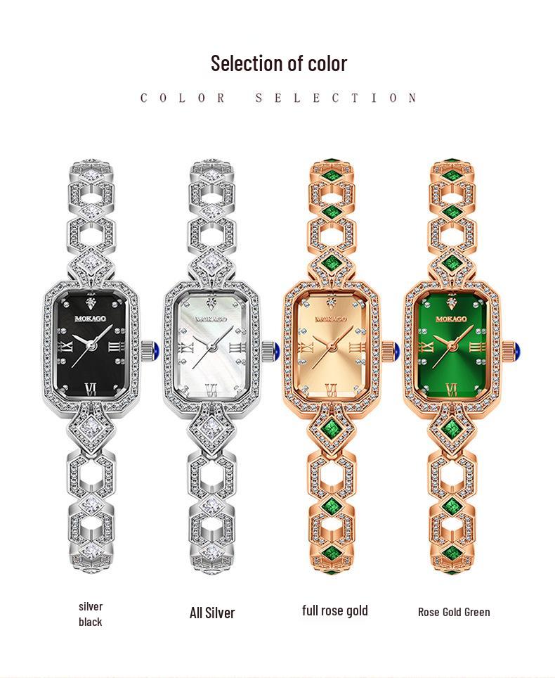 Mokga Women's Exquisite Rectangular Copper Bracelet Watch with Inlaid Diamond & Mother-of-Pearl, Waterproof Sunray Quartz Design.