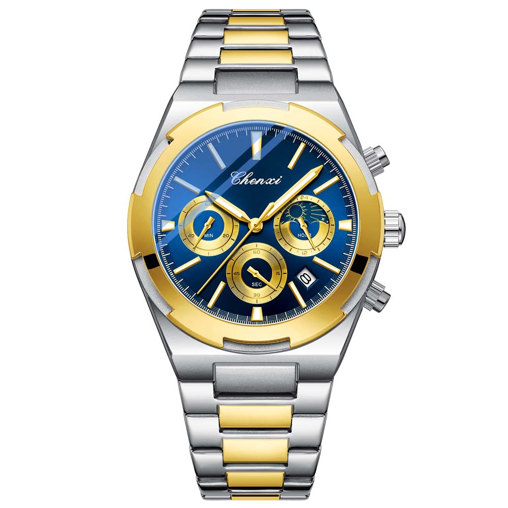 CHENXI Men's Multifunctional Watch with Calendar Moon Phase Chronograph Steel Strap Luminescence Waterproof Reloj Hombre
