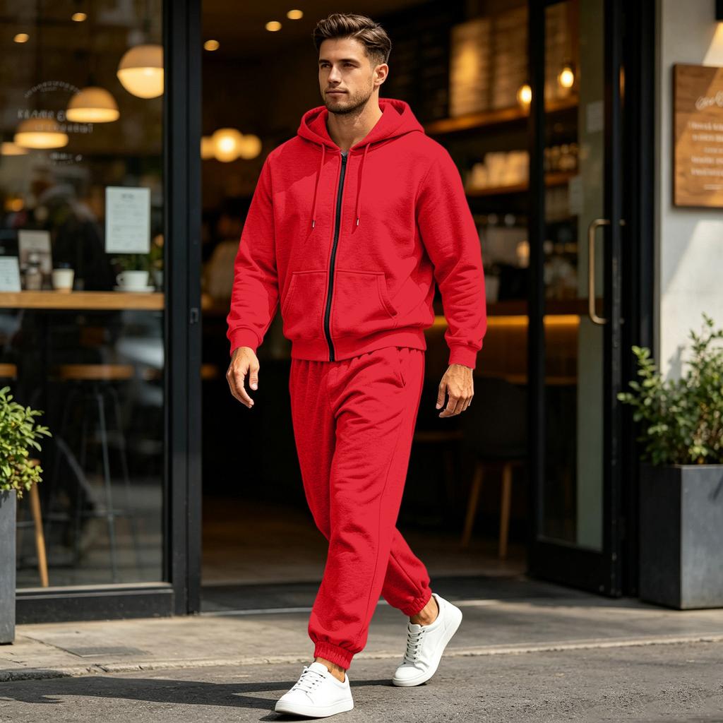 Men's Multi-Pocket Zip-Up Hooded Sweatshirt and Pants Set Athletic Tracksuit
