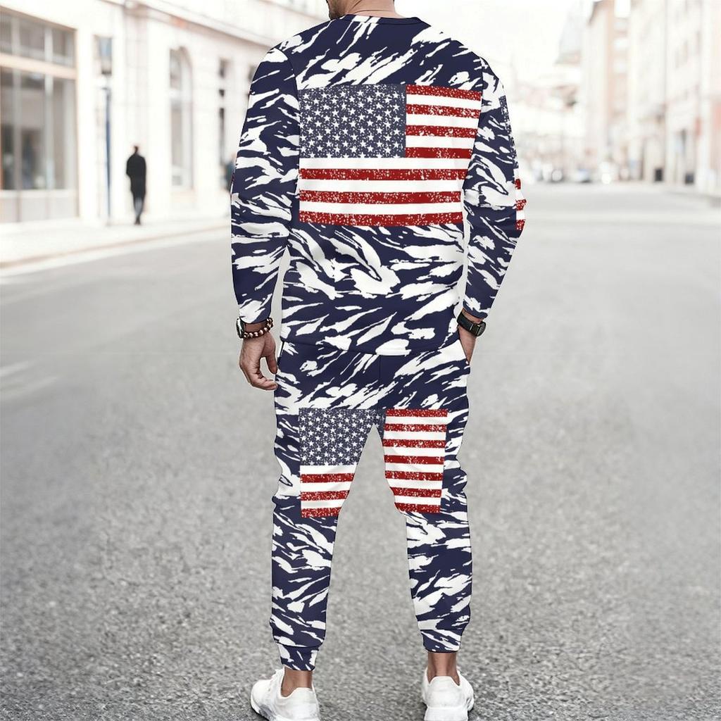 Men Sunflower Skull Flag Print Long Sleeve Sweatshirt And Drawstring Jogger Pants Casual Two Piece Streetwear Outfit