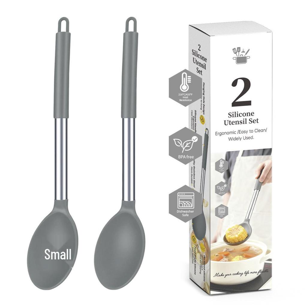 Heat-resistant Silicone Slotted Soup Stirring Spoon with Stainless Steel Handle - Kitchen Cookware Set