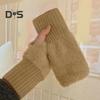 1 Pair Women Winter Gloves Half-finger Thick Plush Elastic Warm Heat Retention Non-slip Windproof Wrist Protection Cycling Riding Mittens