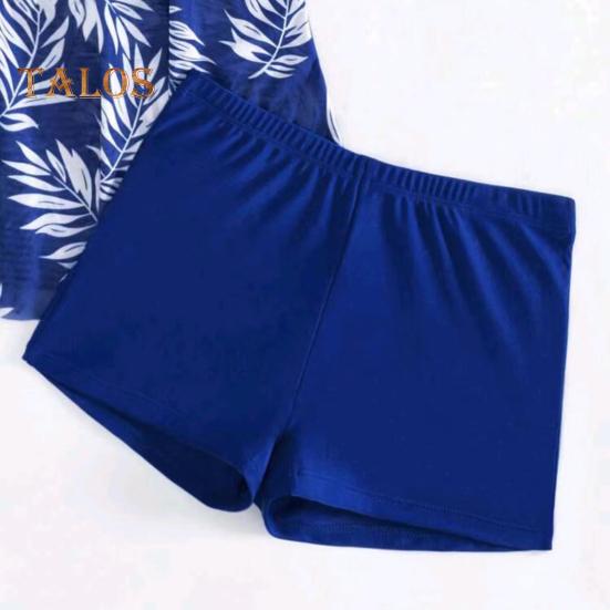 2Pcs/Set Women Summer Swimsuit Set Adjustable Straps Print Mesh Hem Bandeau Tops High Waist Swim Shorts Set