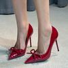 New 2025 Summer Pointed Toe Women High Heels Fashion Shallow Female Bowknot Pumps Footwear Ladies Mid Heels Sandals 362