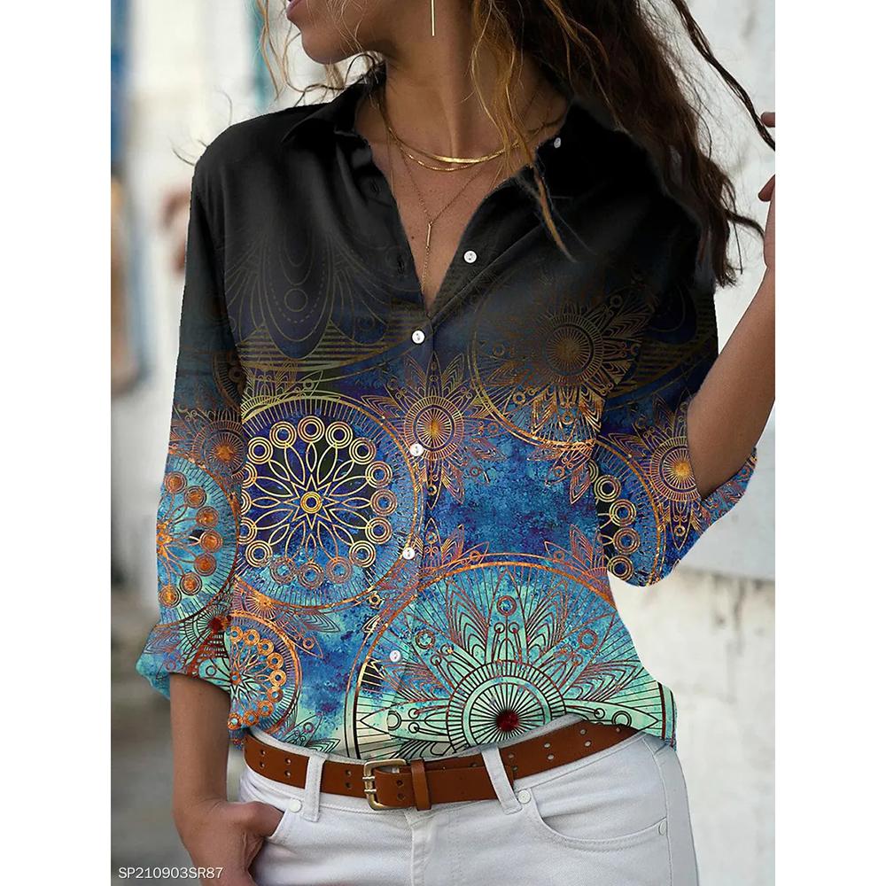 Four Seasons Women's Fashion Shirt New Printed Top Slim Fit Comfortable Women's Button V-neck Casual Loose Long Sleeve Shirt