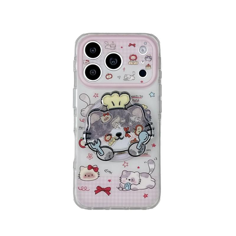 Korean Patchwork Plaid Magnetic Cat iPhone Case for iPhone 17/16 Pro Max/15 Pro