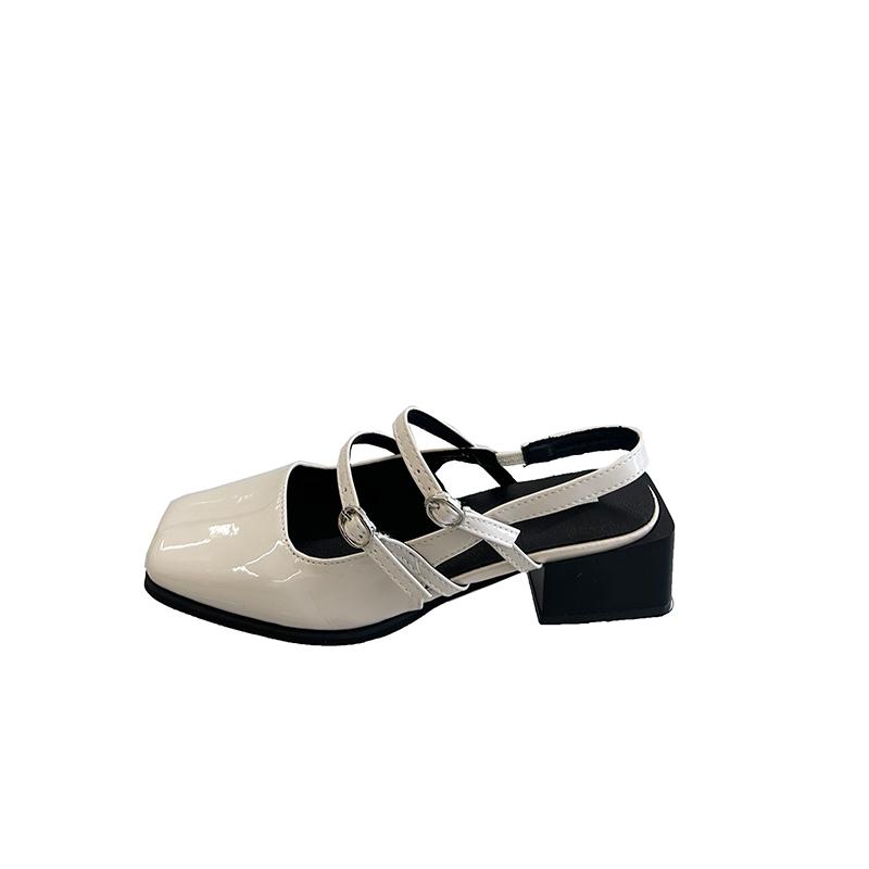 Fashion Fashion Baotou Sandals Spring New Square Head Shallow Mouth Metal Buckle A Line with Soft Sole Non-slip Mid-heel Shoes