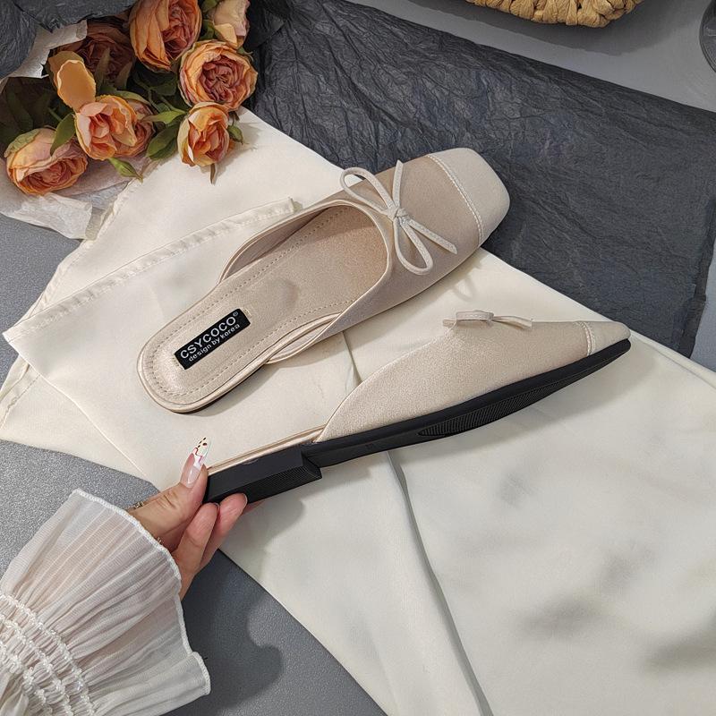 Wind Color Matching Dopamine Candy Color Flat-bottomed Slippers French Age-reducing Bow Fairy Satin Bag Head Slippers