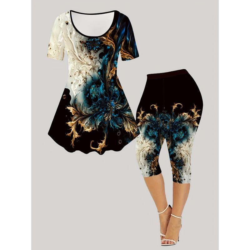 Women s floral style printed fashionable short-sleeved cropped pants suit 2XL