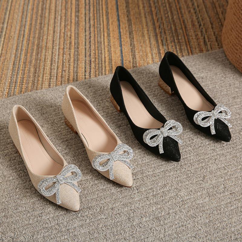 Fashion 34-43 big size bowknot women pumps gold low heel OL shoes pointed toe ladies shiny cloth bowtie pumps zapatos de tacón mujer