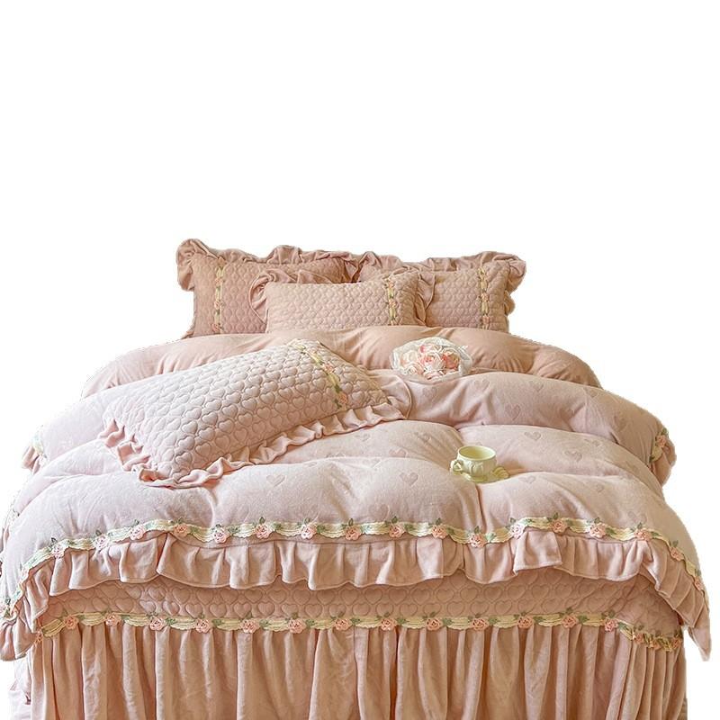 Girl Thickened Milk Fleece Four-Piece Princess Style Double-Sided Plush Coral Fleece Lace Quilt Cover Padded Bed Cover