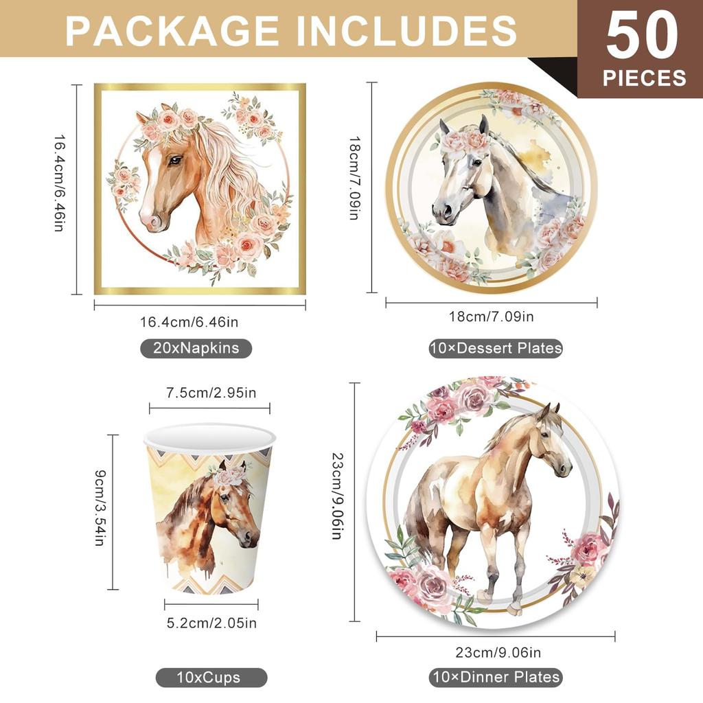 50Pcs Horse Theme Birthday Party Tableware Set with Paper Plates, Cups, Napkins for Holiday Celebration (No FDA)