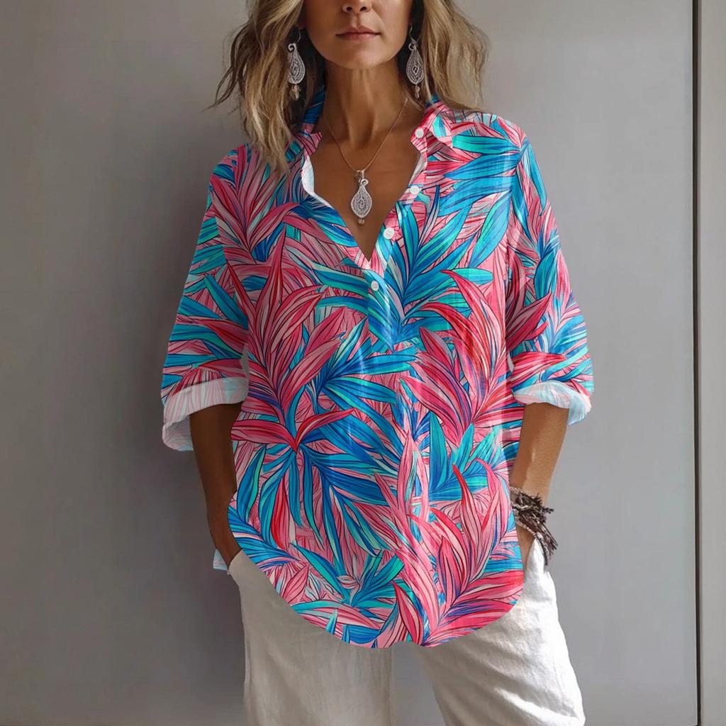 Women's Casual Spring And Summer Loose Printed Casual Sleeved Lapel Pullover Shirt