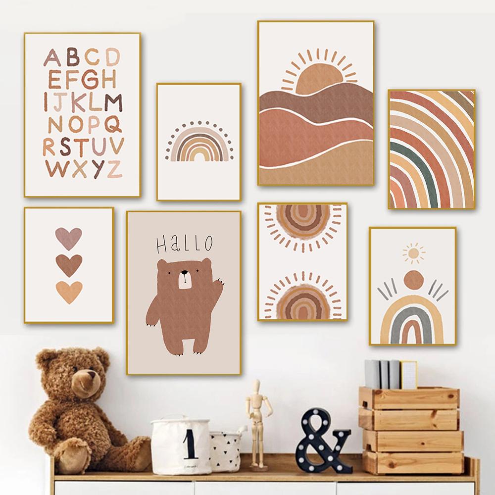 Pepinieră Boho Wall Art Poster Print Sun Rainbow ABC Urs Pânză Picturi Decorare Copii Dormitor Poze de perete Decorare Artă