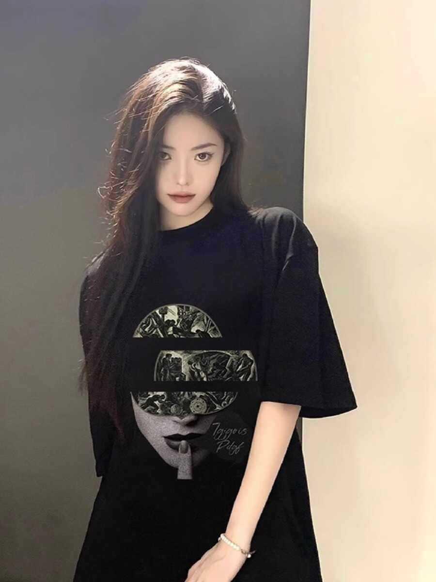 

Unisex Retro Hip Hop Face Print Plus Size T-Shirt for Men and Women - Trendy Loose Fit for Couples 3XL (suggested for 156-170 Jin) чёрный