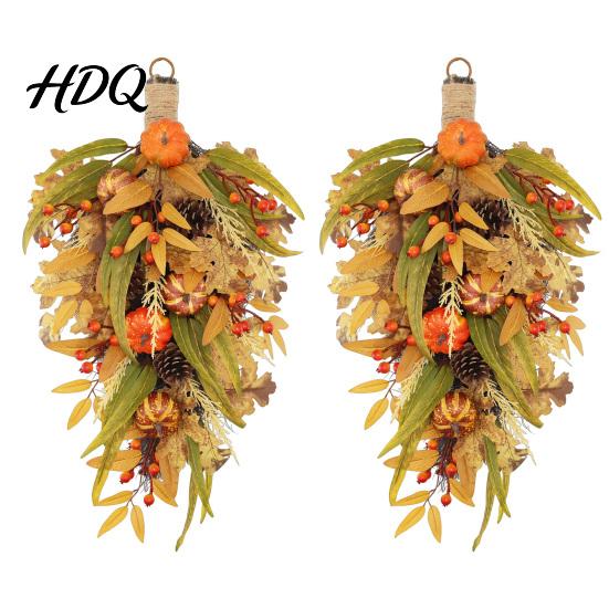 Autumn Door Swag Artificial Fall Teardrop Swag, Faux Pumpkins Berries Pinecones Leaves Easy Hanging Harvest Wreath for Thanksgiving Front Wall