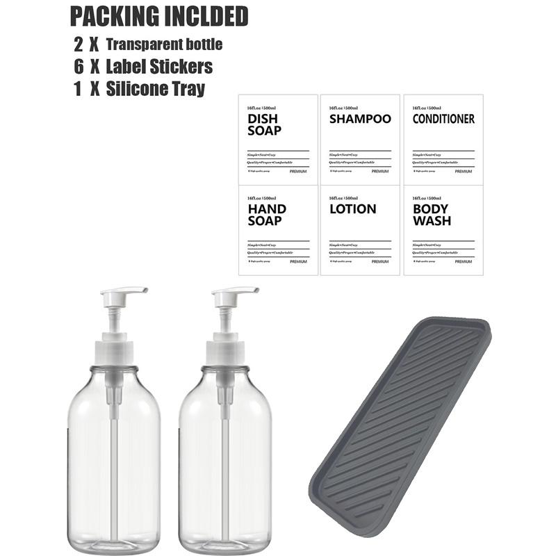 Dozator de șampon și balsam transparent de 500 ml pentru sticle de săpun de duș cu montare pe perete cu etichete Reumplere dozatoare de spălat corporal pentru baie, bucătărie