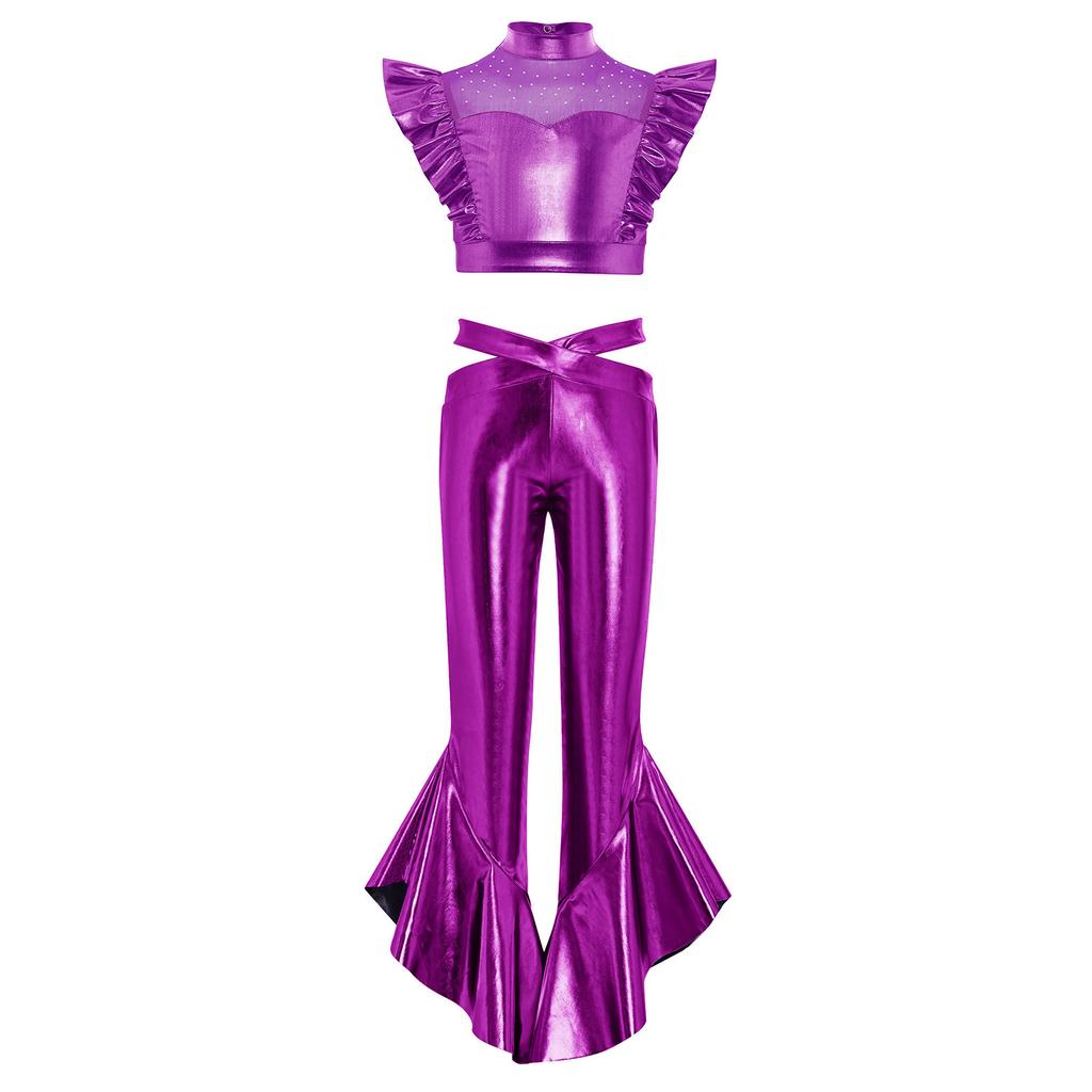 Girls Dance Crop Top with Flared Pants Mock Neck Sleeveless Mesh Rhinestone Ruffle Metallic Outfit Set