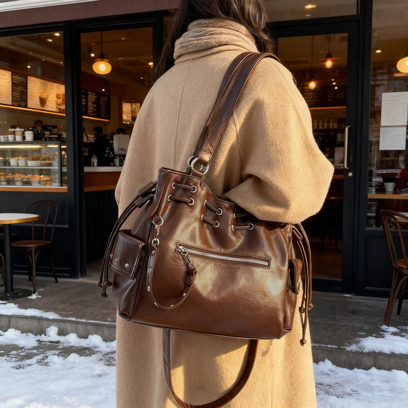 Trending Drawstring Backpack Multi-pocket Leather Bag Stylish Shoulder Bag for Women