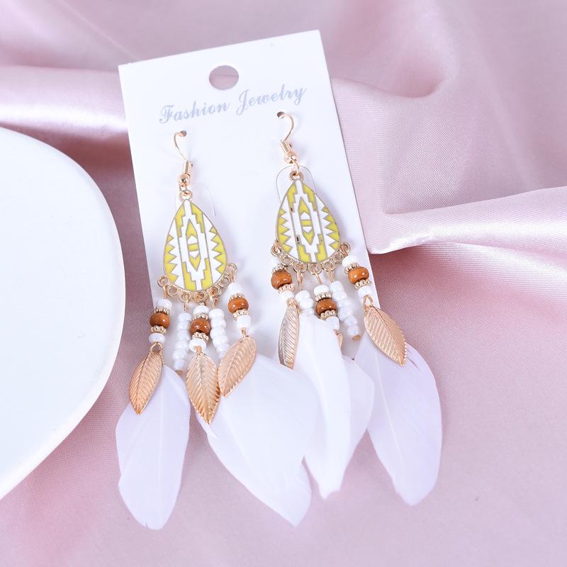 Bohemian Cross Feather Tassel Earrings - Stylish Dangle Earrings for Women белый