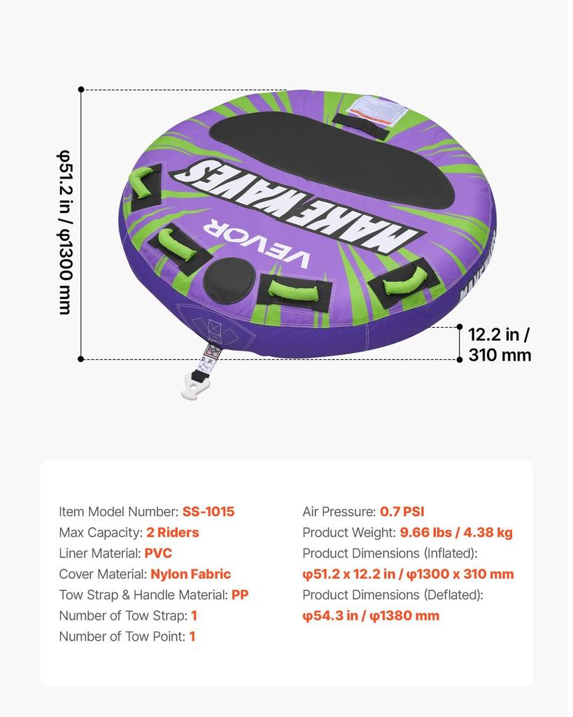 Towable Tubes for Boating, 2-Rider Inflatable Boat Tubes and Towables, 154kg Capacity Water Sport Tube for Boat to Pull - with Anti-Slip Pad, Full
