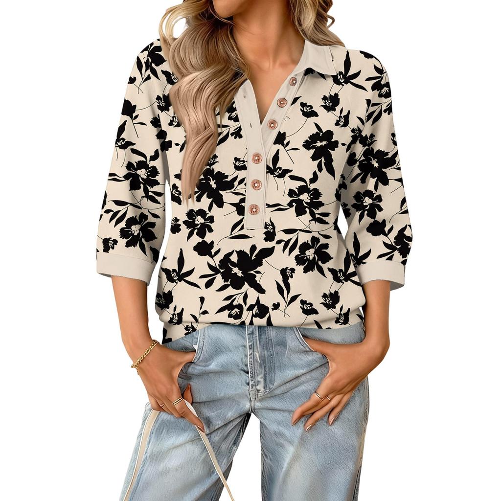 Haut floral d'été à la mode et décontracté pour femmes avec col en V, patchwork et manches trois-quarts
