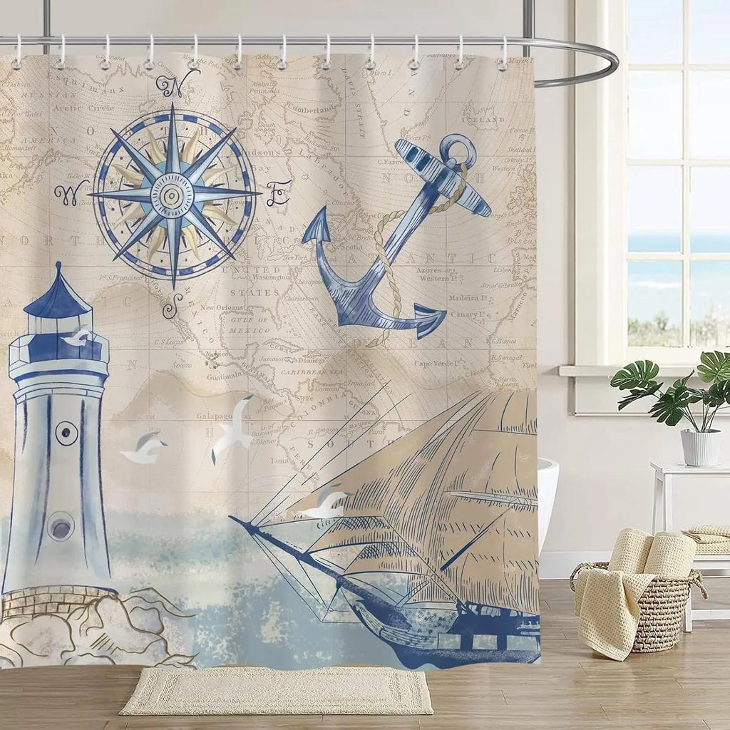 Nautical Shower Curtain Sailing Lighthouse Compasses Shower Curtain Bathroom Waterproof Polyester Fabric Decoration
