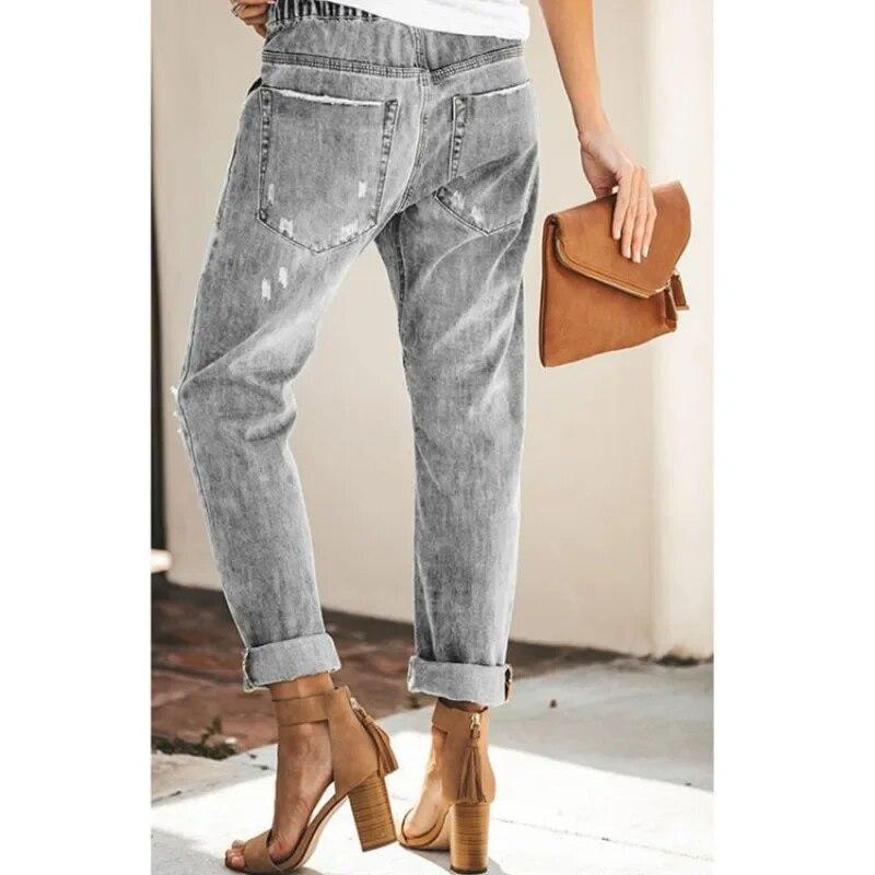 Fashion Loose Washed Pocket Trousers Autumn Drawstring Elastic Waist Denim Jeans Casual Distressed Straight Pencil Pants 30211